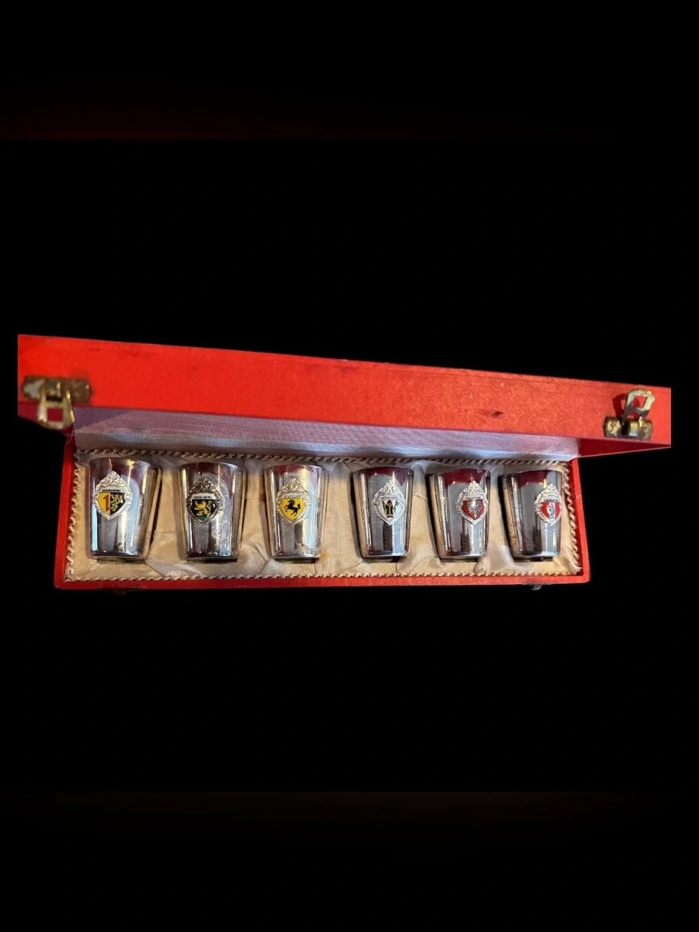 Vintage German Silver Plate Cordial Shot Glasses City Crests with Box